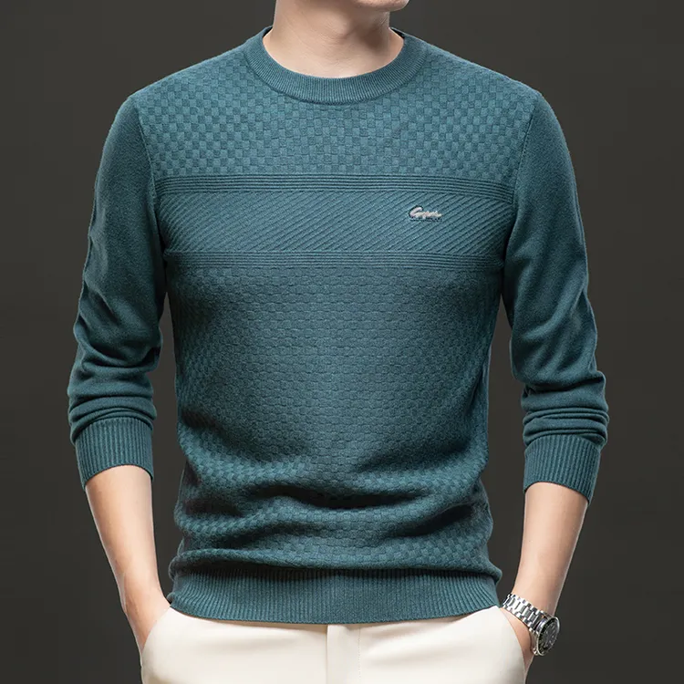 厂家直销冬季男士纯色提花打底中青年圆领休闲针织羊毛衫保暖毛衣