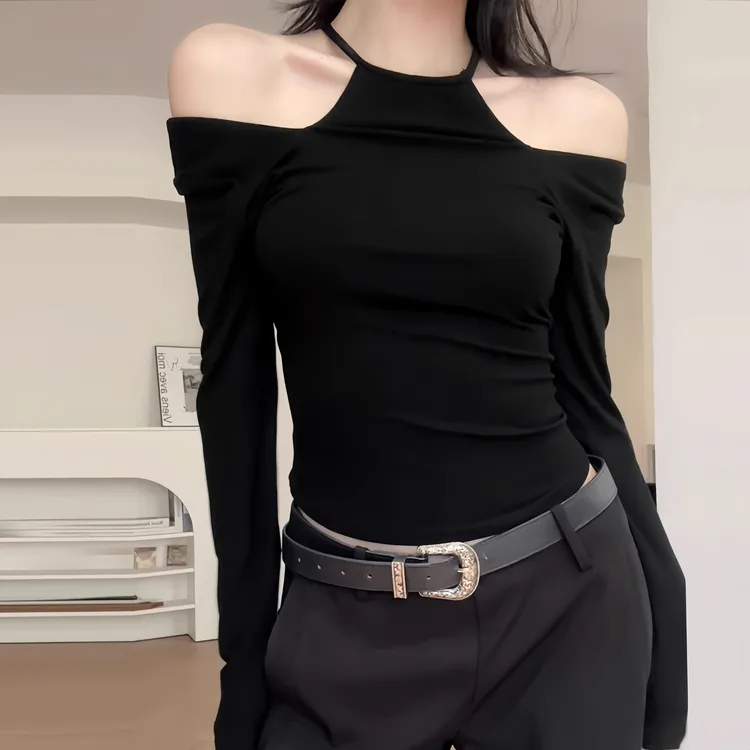 黑色挂脖一字肩长袖t恤女上衣2025春秋季新款内搭显瘦高端打底衫