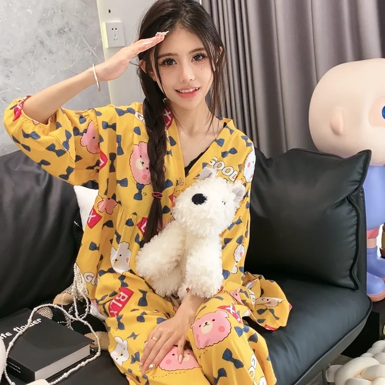 短袖夏季新款可爱黄色小羊套装棉绸外穿套装卡通薄款春秋宽松印花