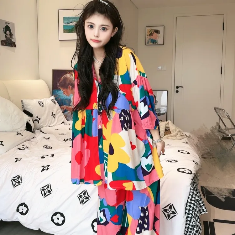 棉绸睡衣女春夏季灯笼袖薄款宽松大码开衫人造棉家居服套装可外穿