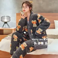 冬季雪花绒睡衣女新款加绒加厚休闲开衫套装三层夹棉可外穿家居服