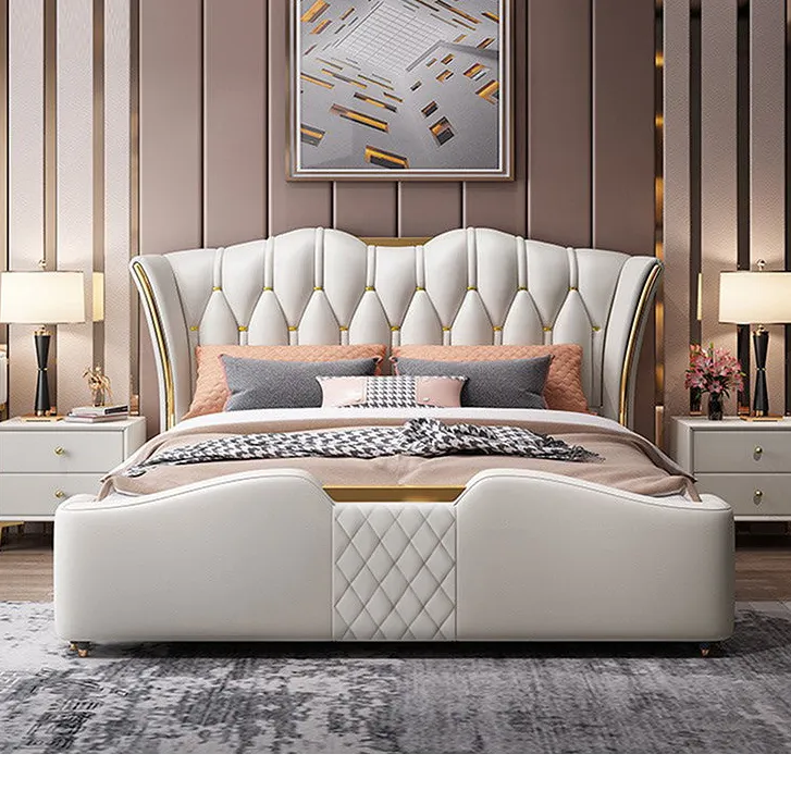 奢华豪宅风高端轻奢床加厚头层牛皮床真皮床软包床主卧室双人床