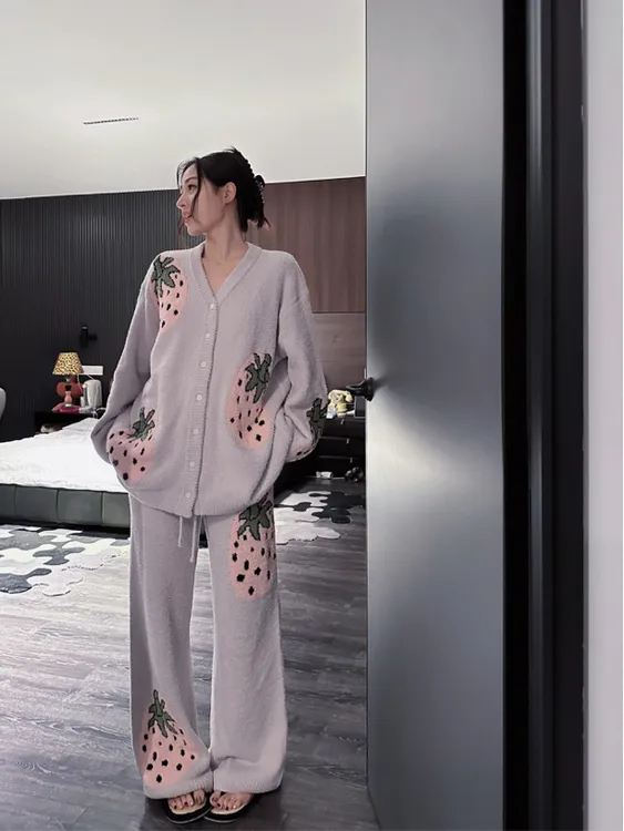 doubleoo半边绒睡衣女秋冬季新款草莓针织开衫居家服套装可外穿