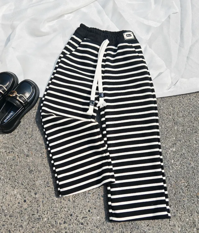 2024新款条纹宽松高腰百搭休闲裤儿童韩版春秋直筒裤女童阔腿裤