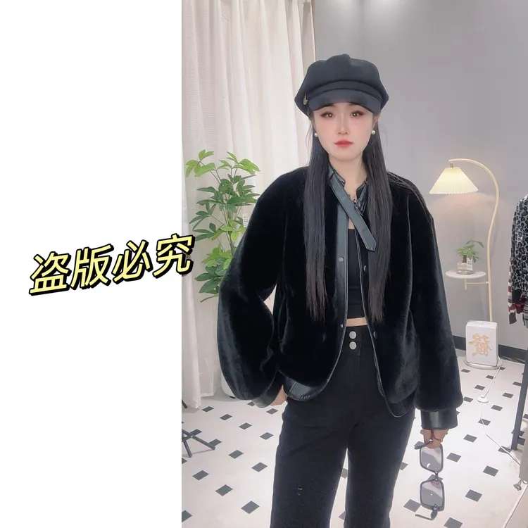 【薇薇家 实体版本】”动龄机车“新款气质百搭冬季短款毛毛短外套