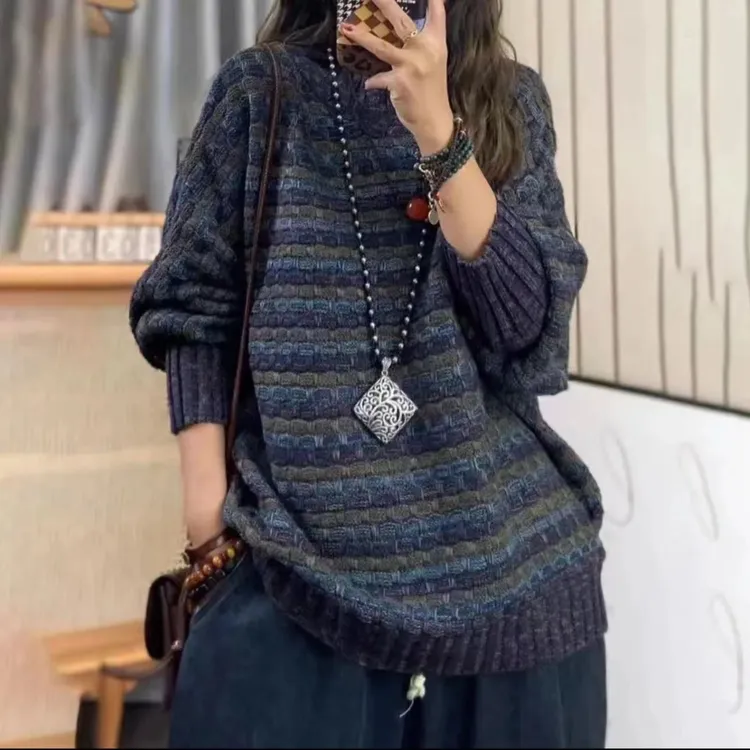 131619半高领复古宽松棉线针织衫