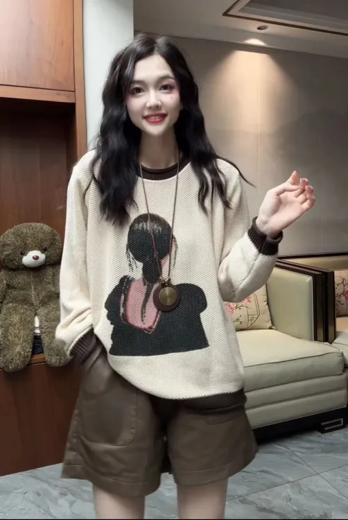 667668原创秋冬圆领拼色背影棉线针织上衣休闲时尚宽松加厚套头