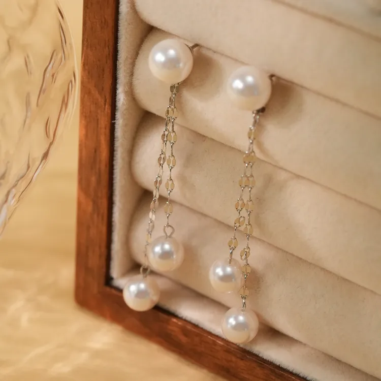 925银仿珍珠耳饰 超仙嘴唇链流苏耳钉两戴长款耳环女轻奢法式耳饰