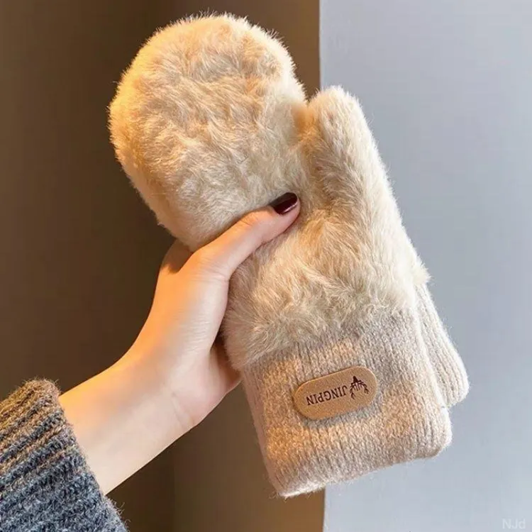 手套女冬季毛绒绒加厚保暖ins全指加绒可爱手套学生骑车防寒手套