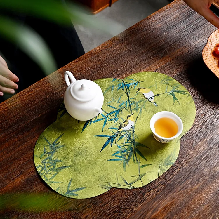 丝绸干泡小茶铺禅意古风防水防滑壶垫海棠花形手工新中式茶巾台布