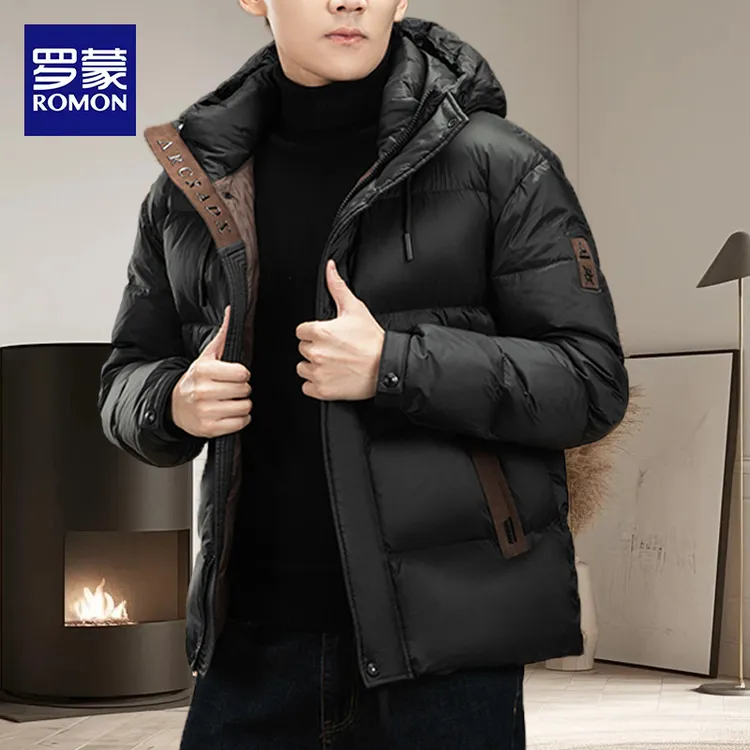 罗蒙黑色时尚连帽冬季羽绒服连帽宽松加厚保暖白鸭绒防寒潮外套男