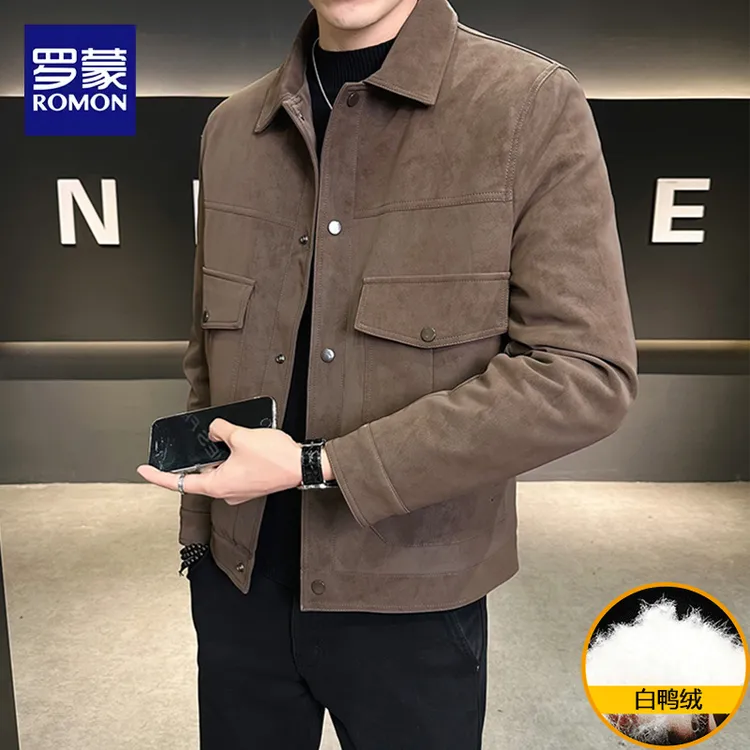 罗蒙短款潮流修身潮牌翻领高端加厚冬季白鸭绒羽绒服夹克男款外套