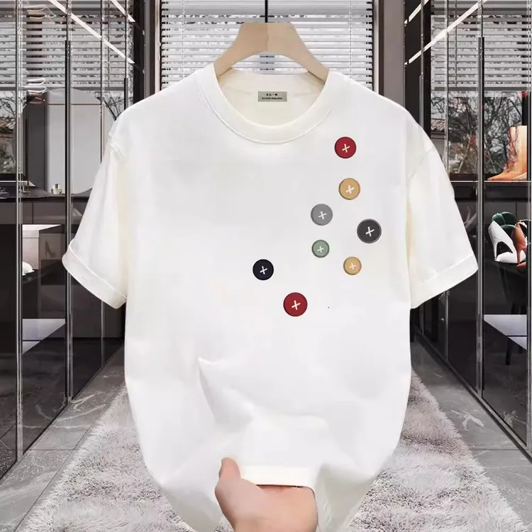 仓石一树夏季新款纯棉潮牌短袖t恤男创意纽扣设计感印花宽松上衣 