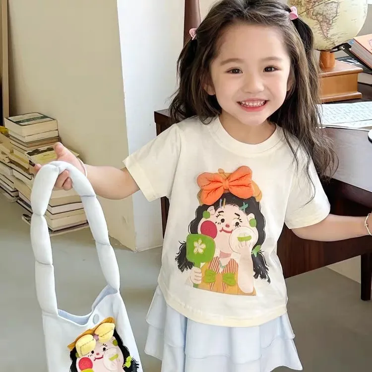 女童韩版立体蝴蝶结短袖T恤2025夏季新款女宝宝洋气卡通纯棉上衣7