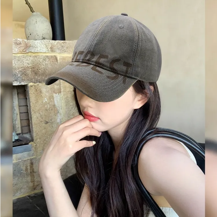 水洗做旧字母棒球帽女美式复古大头围鸭舌帽显脸小宽帽檐软顶帽子