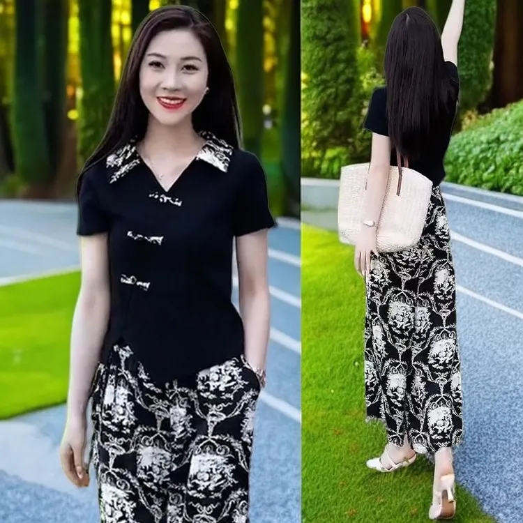 新中式运动休闲套装女2025年夏季短袖盘扣上衣减龄时尚减龄两件套