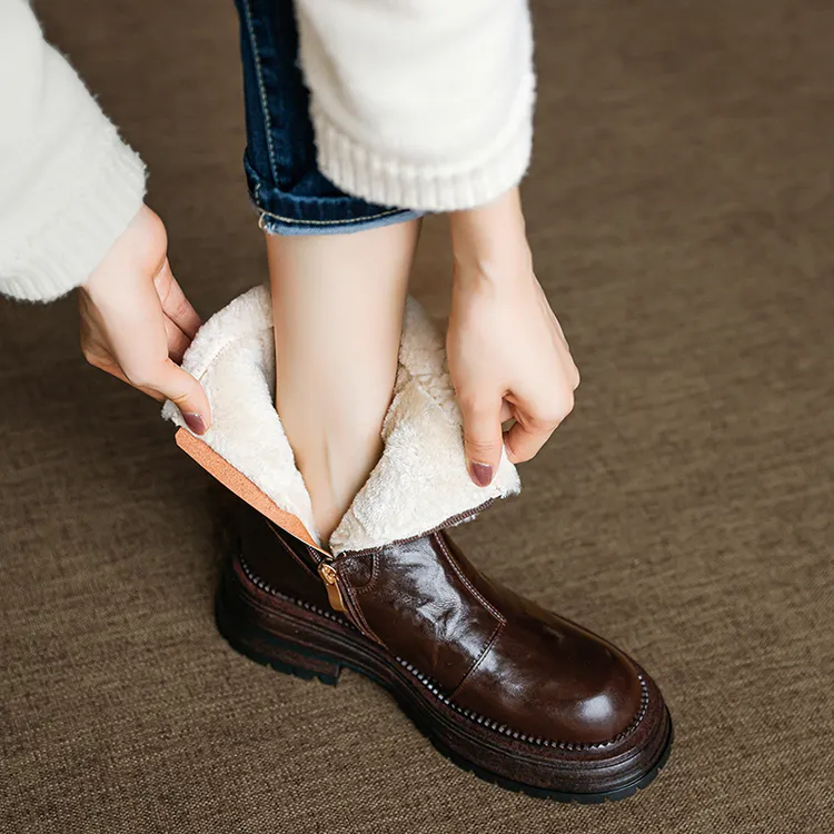 手工真皮~舒适百搭~复古厚底毛毛靴雪地靴女冬季加绒加厚保暖短靴