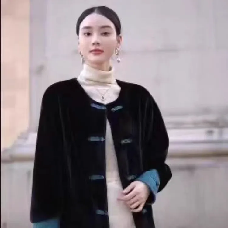 新年外套国风盘口仿水貂环保皮草皮毛一体外套女圆领宽松加厚保暖