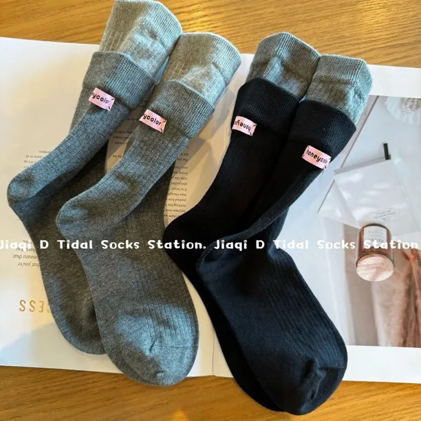 韩版双层拼色后跟布标中筒袜女网红爆款潮流百搭堆堆袜