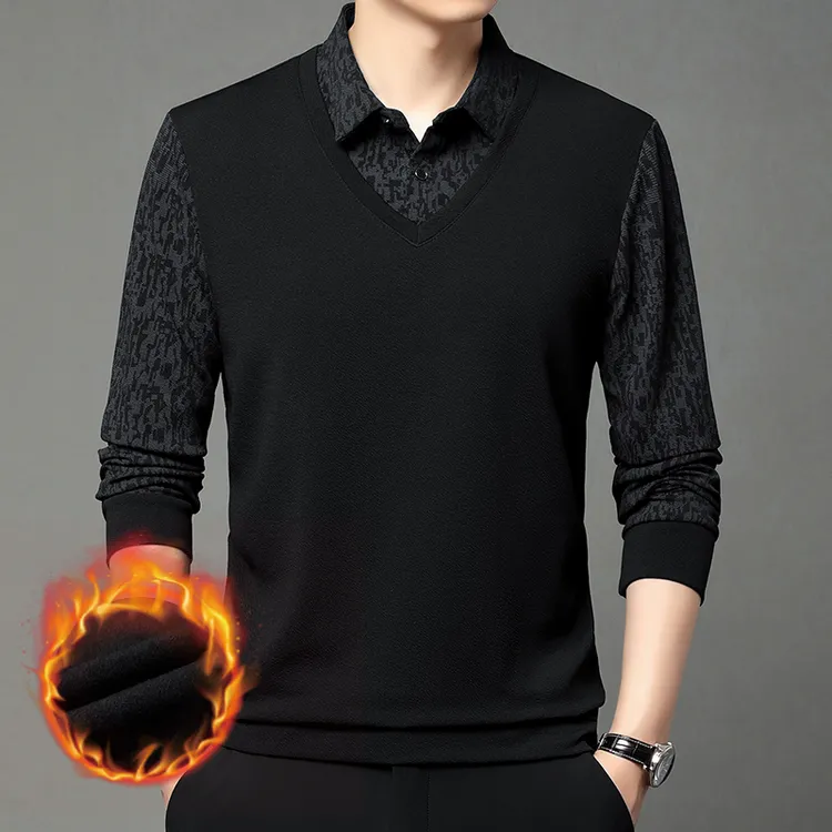 秋冬新款男士长袖polo衫休闲T恤衫中青年假两件翻领纯色上衣加绒