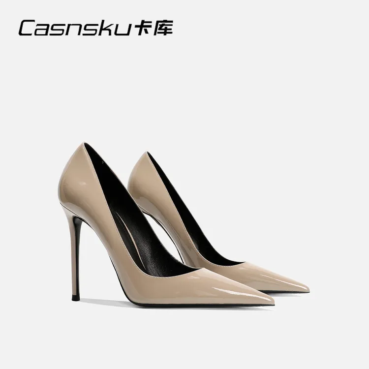 CASNSKU/卡库大象灰时尚高跟鞋女尖头细跟漆皮通勤单鞋2025新款