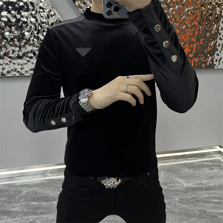 男士长袖T恤春秋新款轻奢高端金丝绒圆领打底衫简约大气休闲上衣
