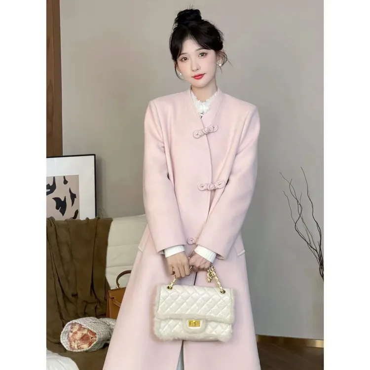 SHAOER【粉黛花墙】新中式粉色毛呢外套女秋中长款大衣S2023100401X