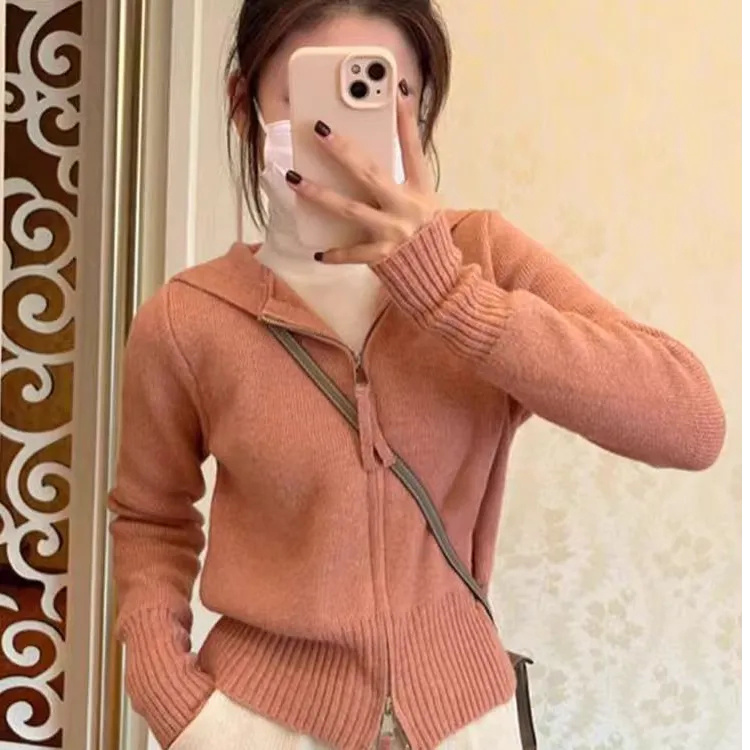 双头链接连帽针织开衫毛衣外套女秋冬别致绝短款上衣10558#