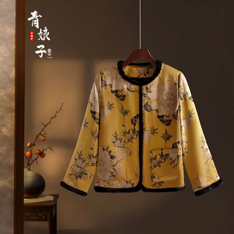 青娘子香云纱[若依]重锻印花拼水貂毛高端加厚秋冬新款棉服41379