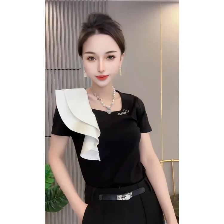 洋气款时尚荷叶边装饰t恤女方领新款短袖气质修身拼接欧货上衣潮