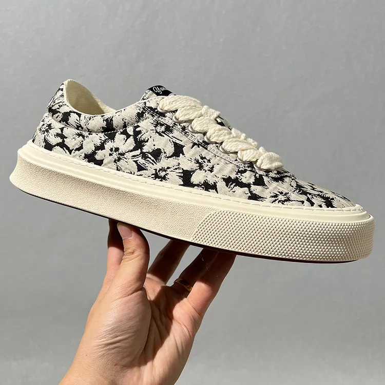 日系夏季新款透气布鞋男百搭软底黑白印花板鞋潮流低帮系带帆布鞋