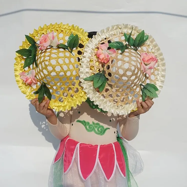 新款竹编斗笠帽幼儿园舞蹈镂空花朵儿童节目表演道具成人跳舞帽子
