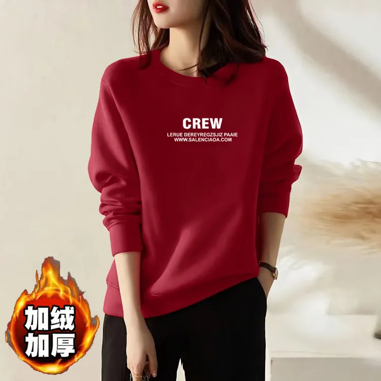 女款【CREW】加绒卫衣百搭宽松保暖冬季新款圆领印花上衣减龄秋冬