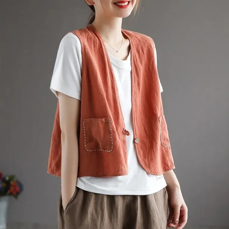 棉麻背心马夹大码女装V领一粒扣口袋绣线马甲外套亚麻休闲上衣夏