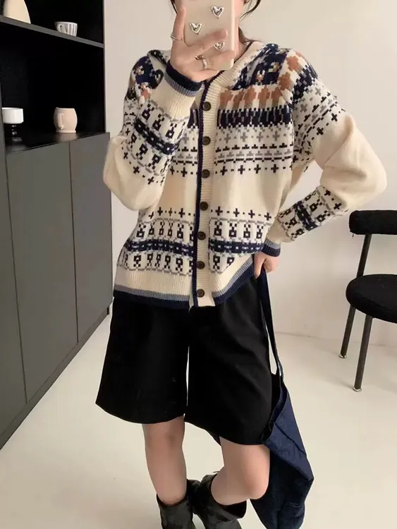 秋冬奶fufu软糯长袖针织开衫复古费尔岛连帽毛衣外套女外穿上衣