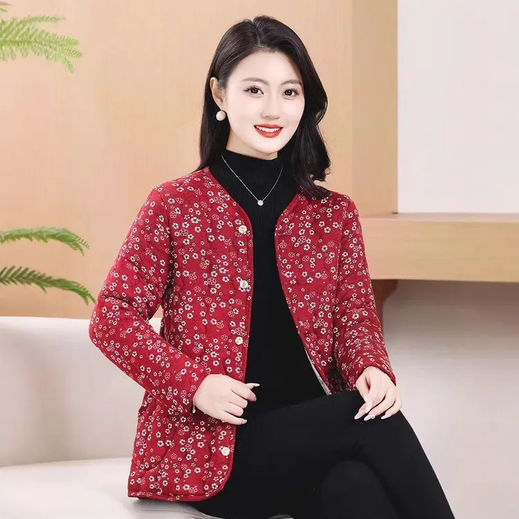 妈妈冬装碎花小棉袄休闲保暖弹力无领棉衣中老年女冬季女士棉袄