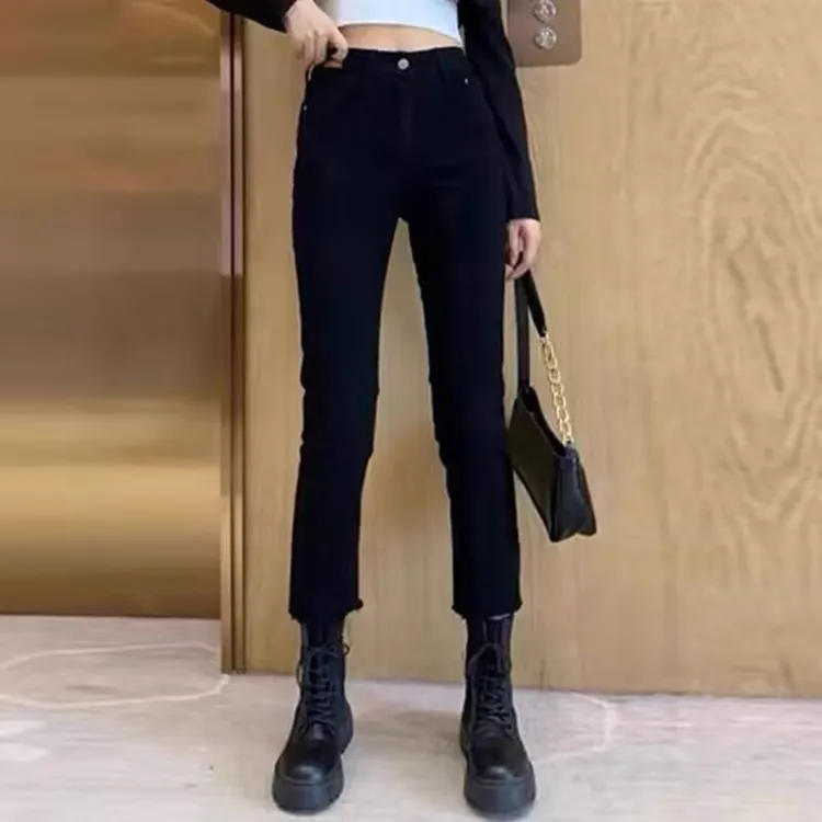150小个子黑色七分直筒裤 时尚烟管牛仔裤女 显瘦搭配马丁靴八分9