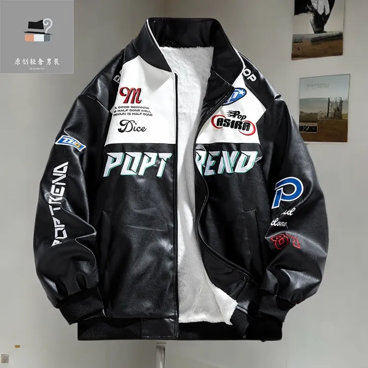 原创潮牌春秋季皮衣男外套潮牌刺绣机车服立领新款皮夹克美式高街