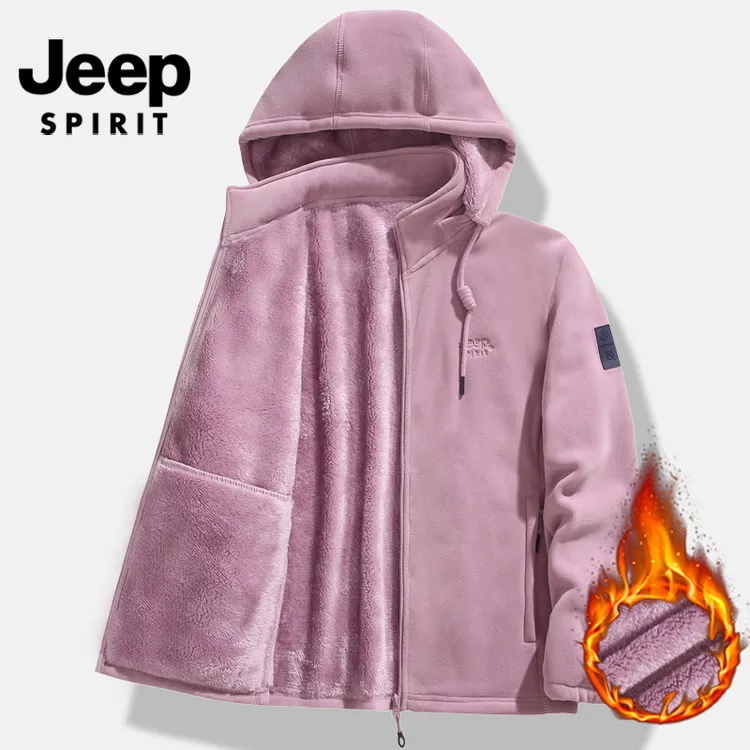 JEEP秋冬户外抓绒衣男女情侣加绒加厚开衫连帽保暖夹克风衣外套潮