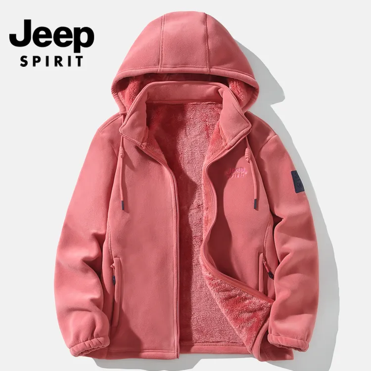 JEEP秋冬户外抓绒衣男女情侣加绒加厚开衫连帽保暖夹克风衣外套潮