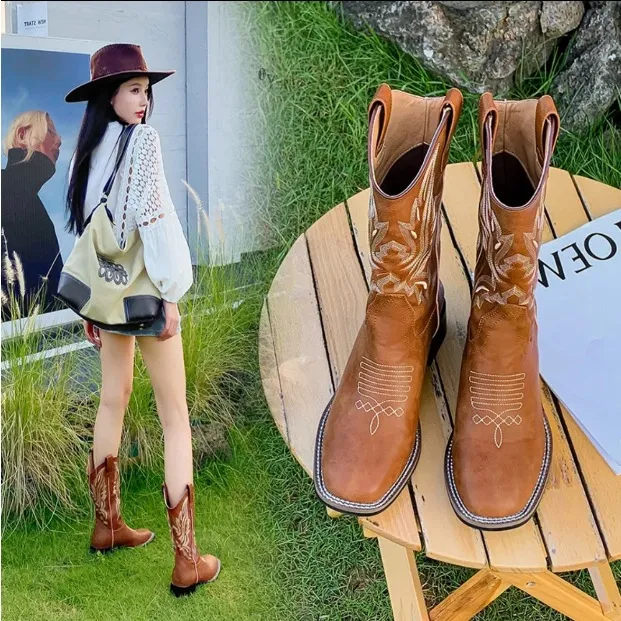 2025何穗同款复古西部牛仔靴女马丁靴美拉德夏新款中筒短靴骑士靴