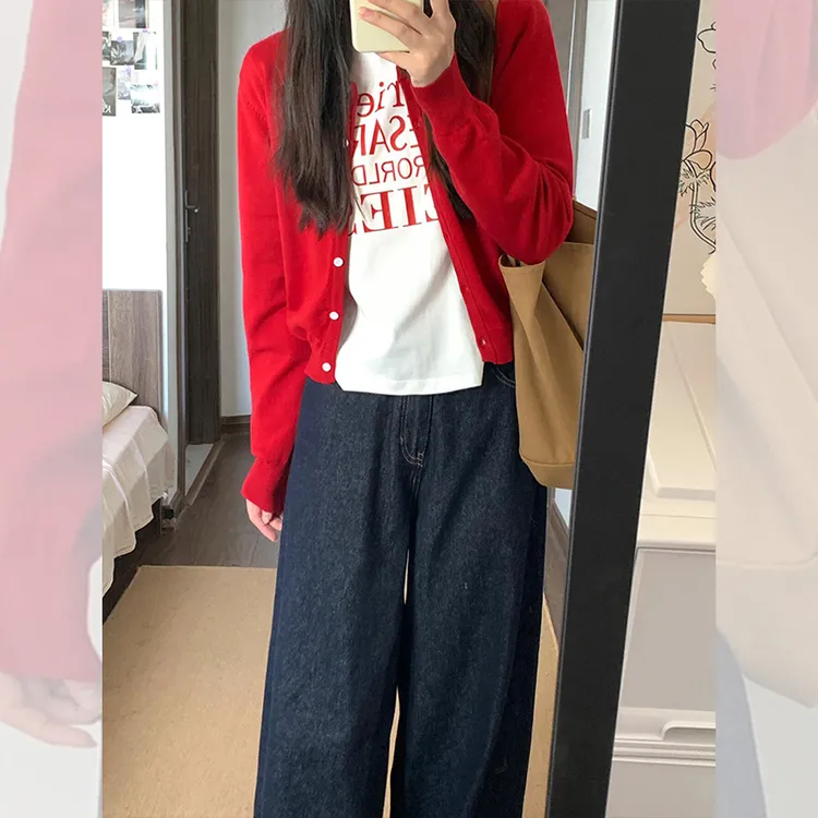 红色刺绣针织衫开衫外套春秋款女小个子显瘦外搭短款毛衣早秋上衣