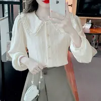 2025春季新款法式钉珠娃娃领花边泡泡袖衬衫女别致小香风长袖上衣