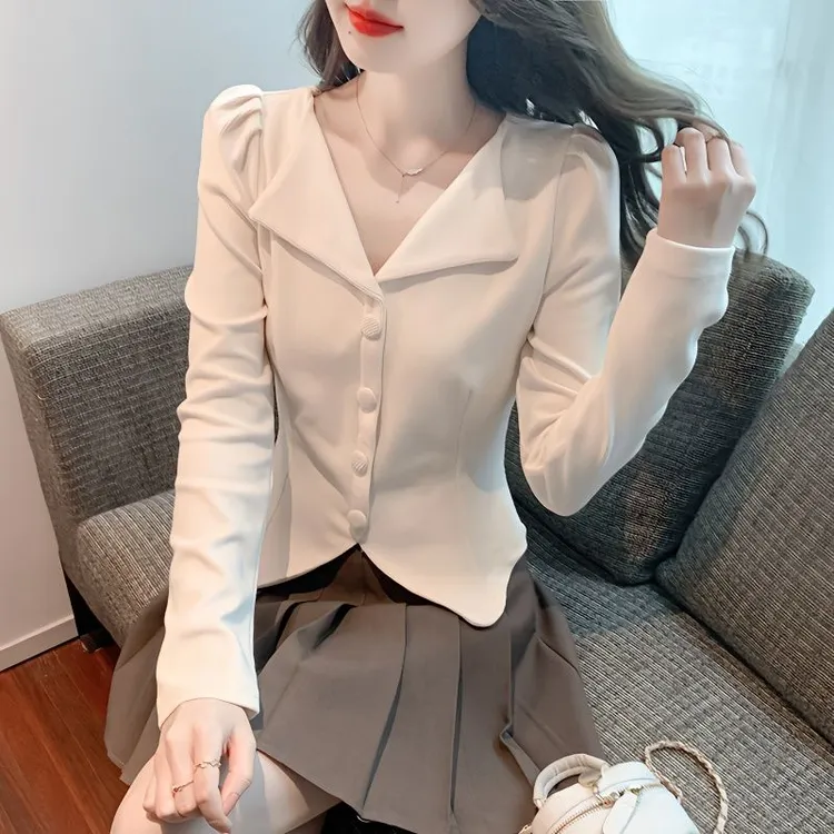 长袖衬衫春季新款女洋气设计感卡腰显瘦小衫不规则法式泡泡袖上衣