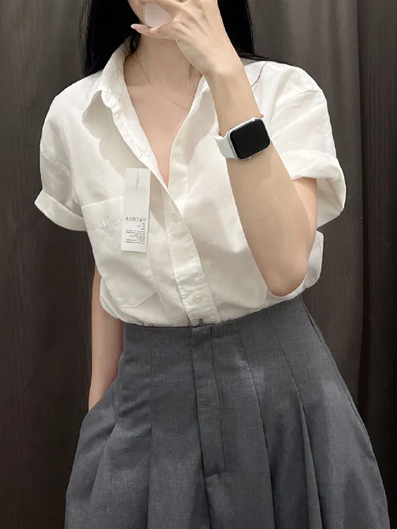 高级感白色纯棉短袖衬衫女设计感时尚小衫夏新款气质上衣百搭衬衣