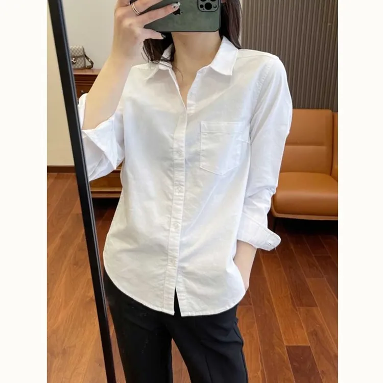 2025秋新款白色衬衫女高级感休闲衬衣搭配马甲叠穿洋气纯棉上衣