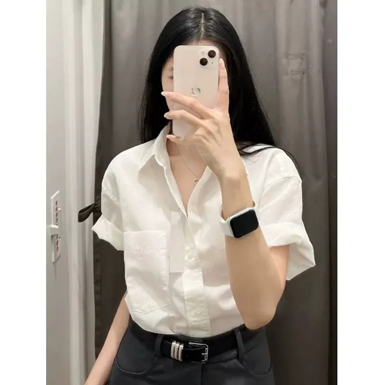 2025夏季新款白色纯棉短袖衬衫女高级设计感小众休闲衬衣港味上衣