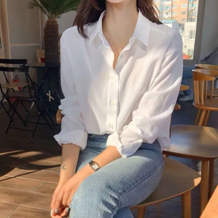 纯棉白衬衫女春秋内搭外穿百搭打底轻熟上衣气质韩版宽松长袖衬衣