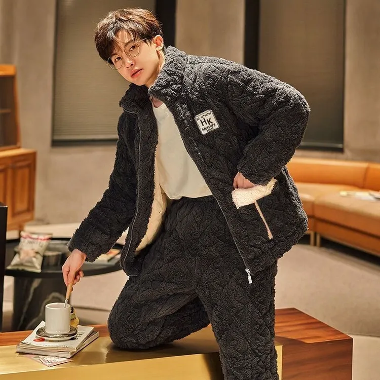 冬款睡衣套装青年三层夹棉加绒加厚家居服宽松保暖休闲大码韩版