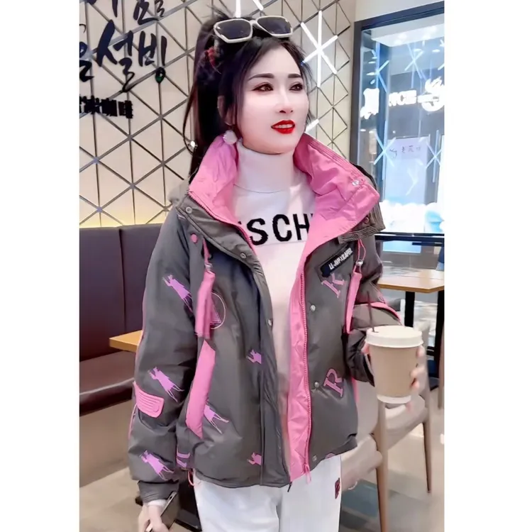 爆款潮牌2024冬季款加厚白绒羽棉服连帽短款撞色时尚保暖外套ins